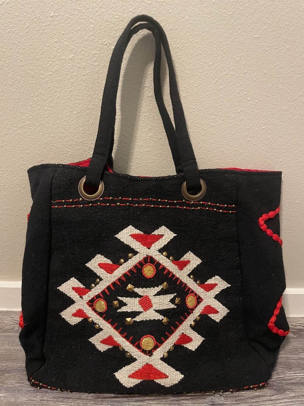 Scully Tote Bag Womens Large Black Red Tribal Embroidered Western Boho Shoulder
